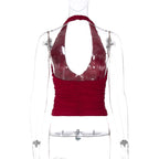 Red Ruched Plunge Halter Top