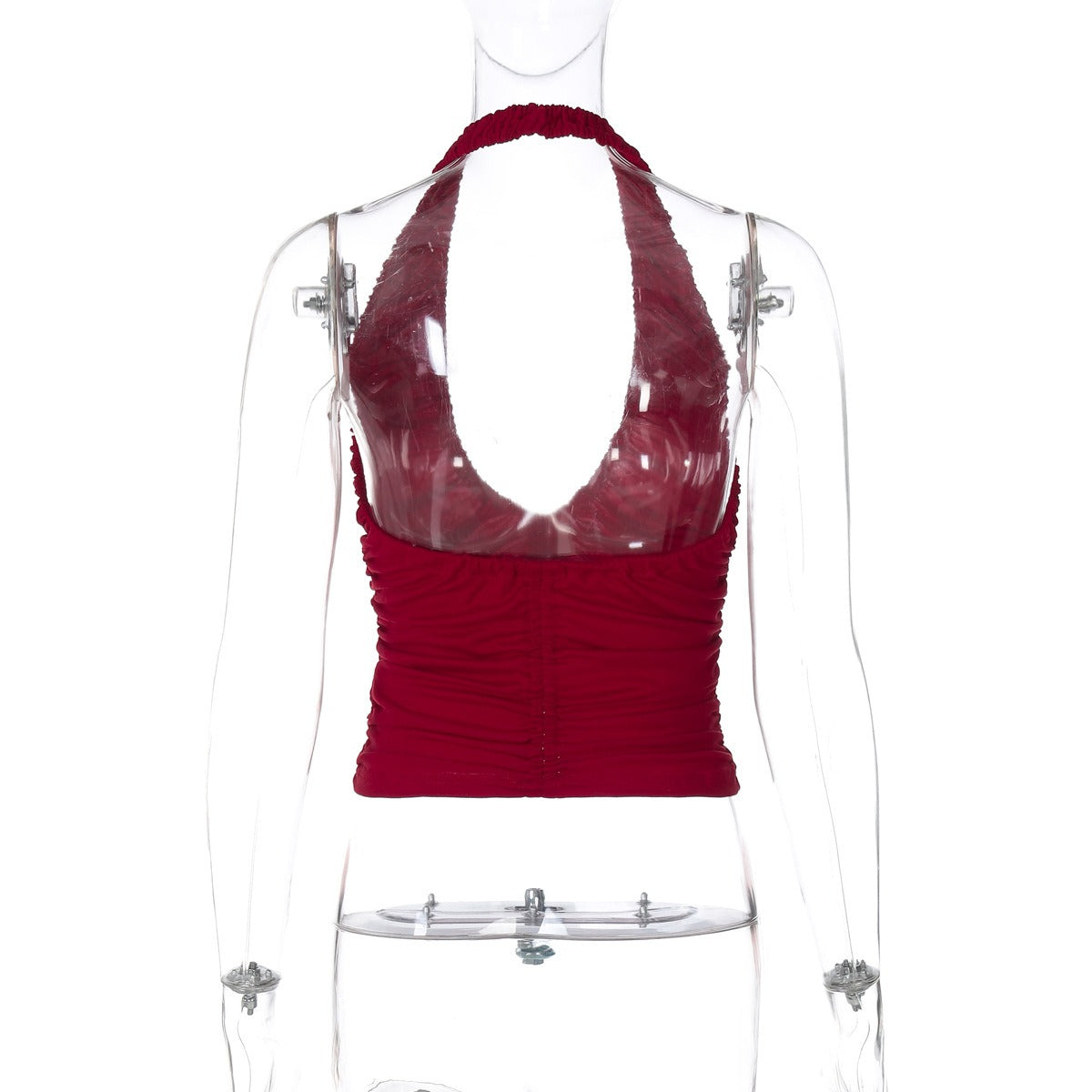 Red Ruched Plunge Halter Top