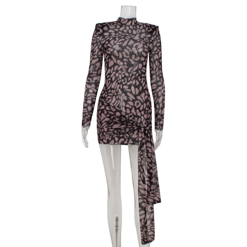 Nevina Leopard Mesh Tie Mini Dress