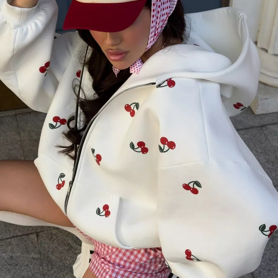 Cherry Print Oversized Zip-Up Hoodie