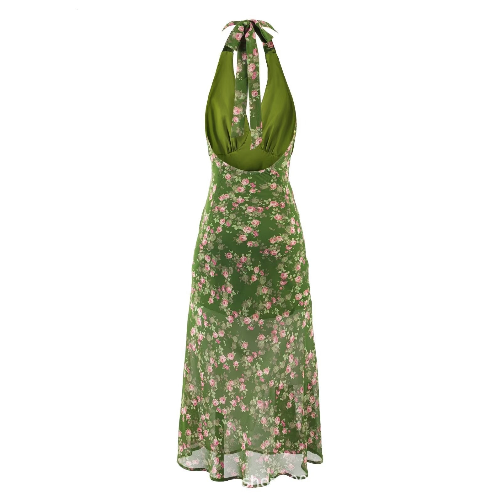 Yeli Olive Floral Halter Midi Dress