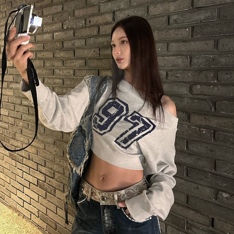 97 Off-Shoulder Cropped Sweatshirt