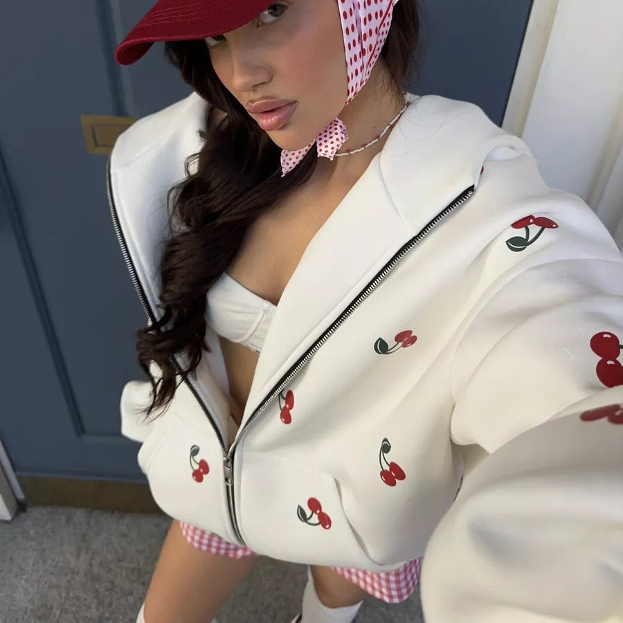 Cherry Print Oversized Zip-Up Hoodie