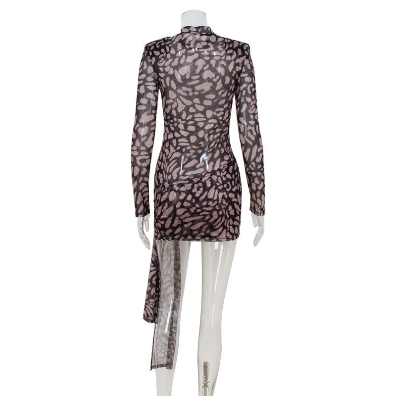 Nevina Leopard Mesh Tie Mini Dress