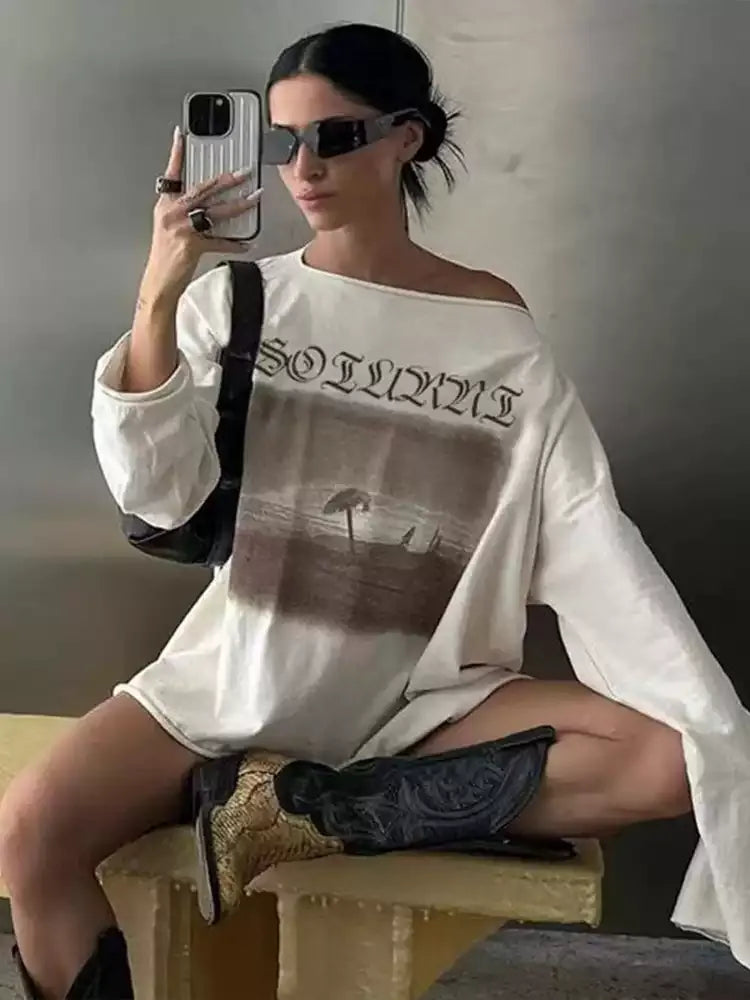 Evie Vintage Graphic Off-Shoulder Long Sleeve Top