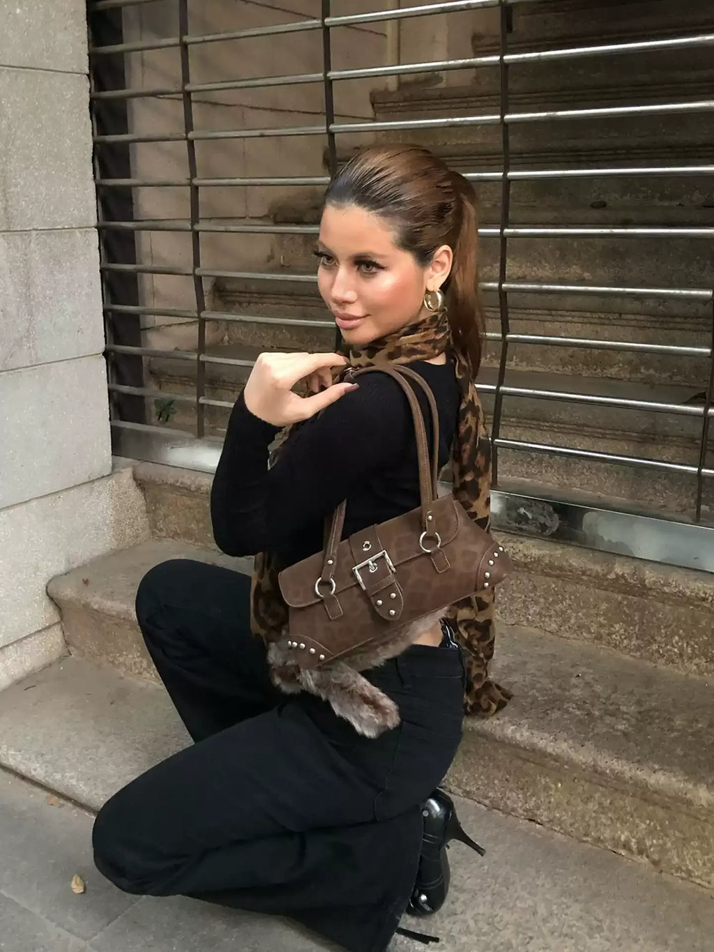 Keira Studded Leopard Shoulder Bag