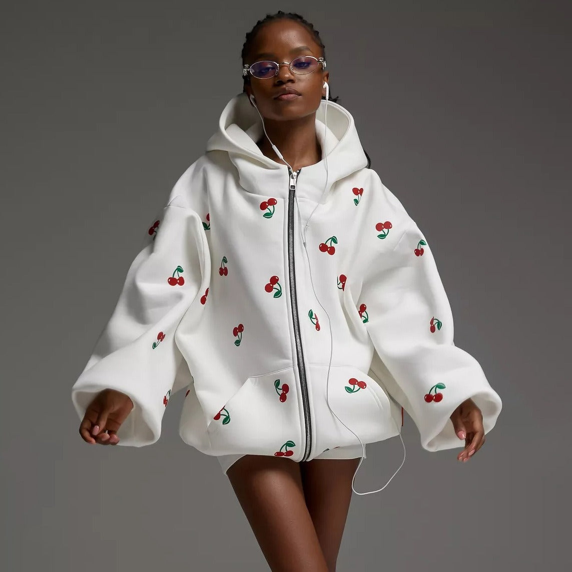 Cherry Print Oversized Zip-Up Hoodie