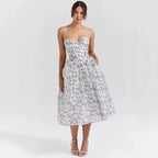 Melis Blue Toile Strapless Midi Dress