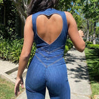 Deep V Zip-Front Denim Jumpsuit