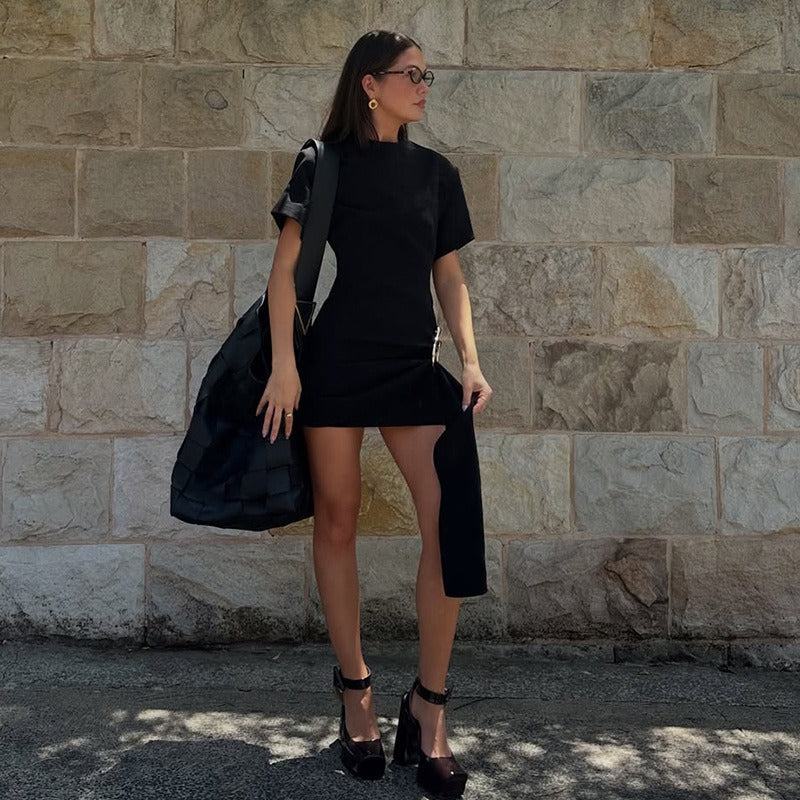 Buckle Detail Draped Mini Dress