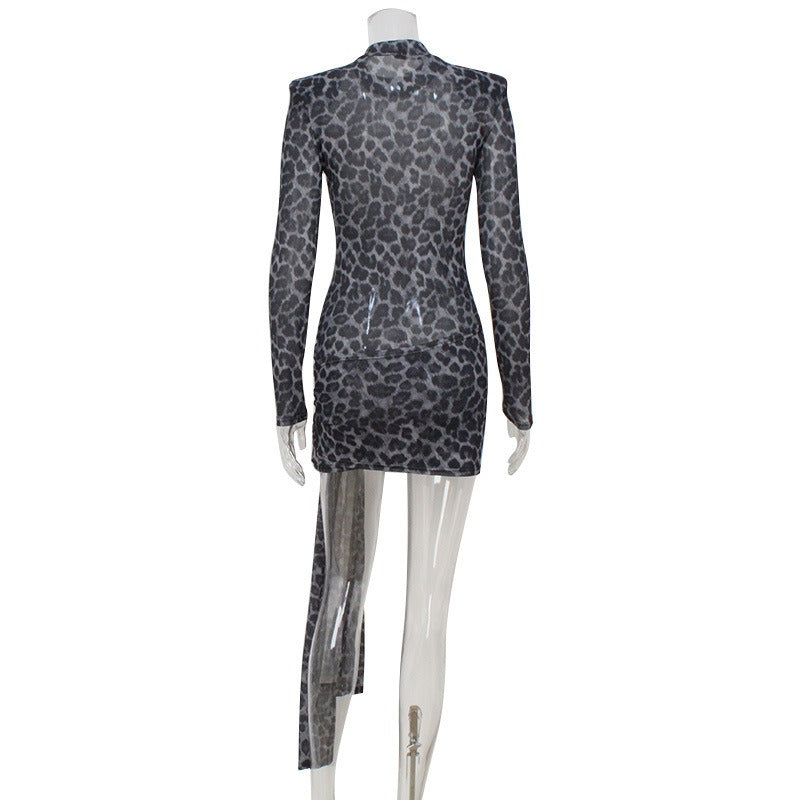 Nevina Leopard Mesh Tie Mini Dress