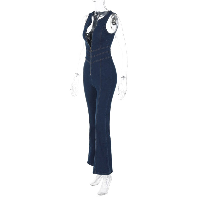 Deep V Zip-Front Denim Jumpsuit