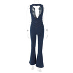 Deep V Zip-Front Denim Jumpsuit