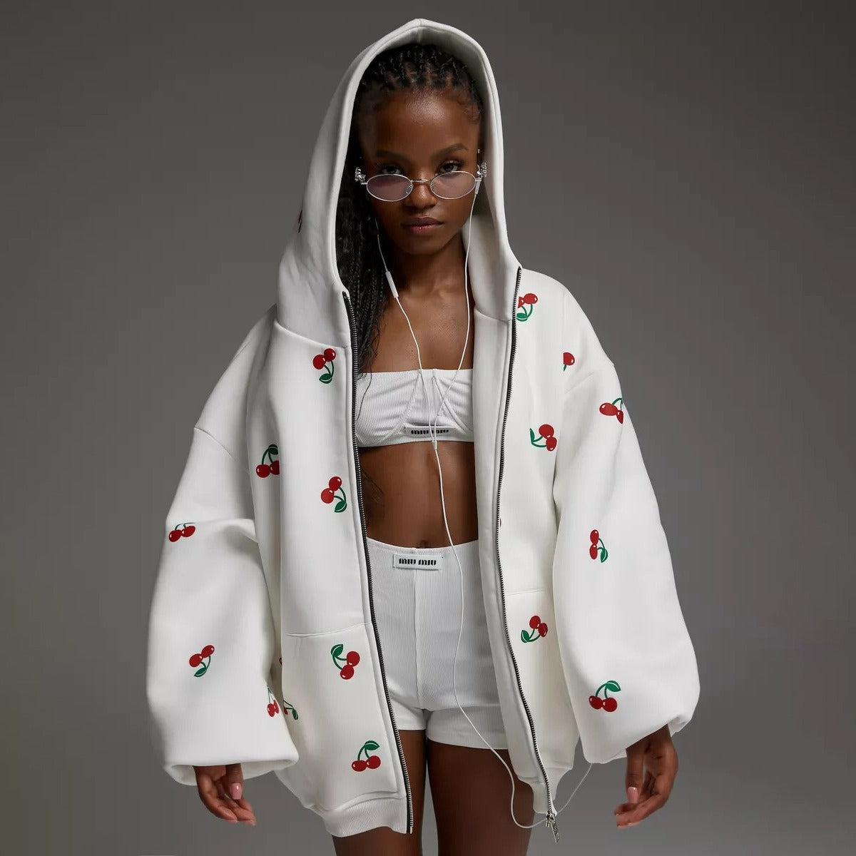 Cherry Print Oversized Zip-Up Hoodie