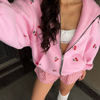Cherry Print Oversized Zip-Up Hoodie