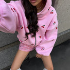 Cherry Print Oversized Zip-Up Hoodie