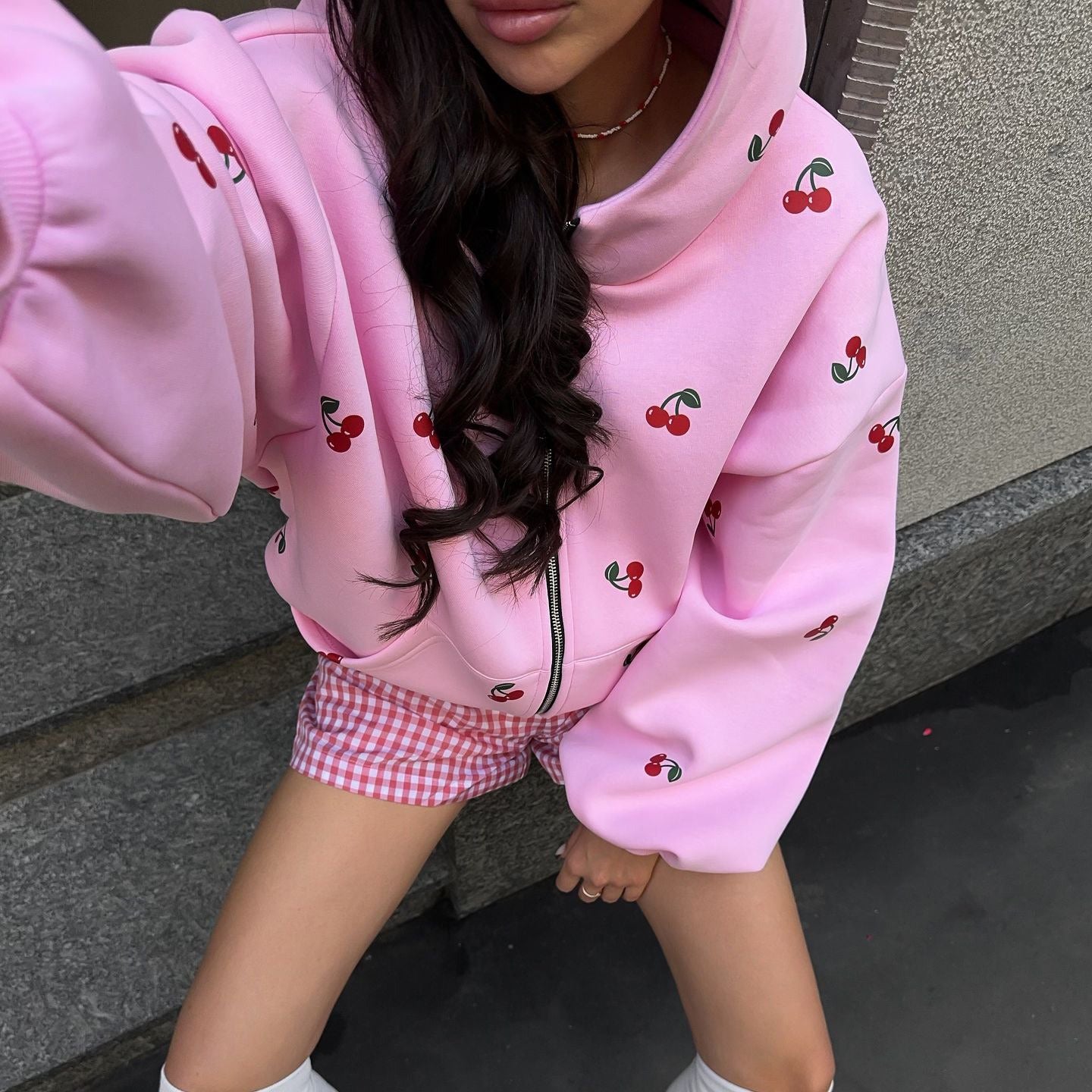 Cherry Print Oversized Zip-Up Hoodie