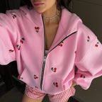 Cherry Print Oversized Zip-Up Hoodie