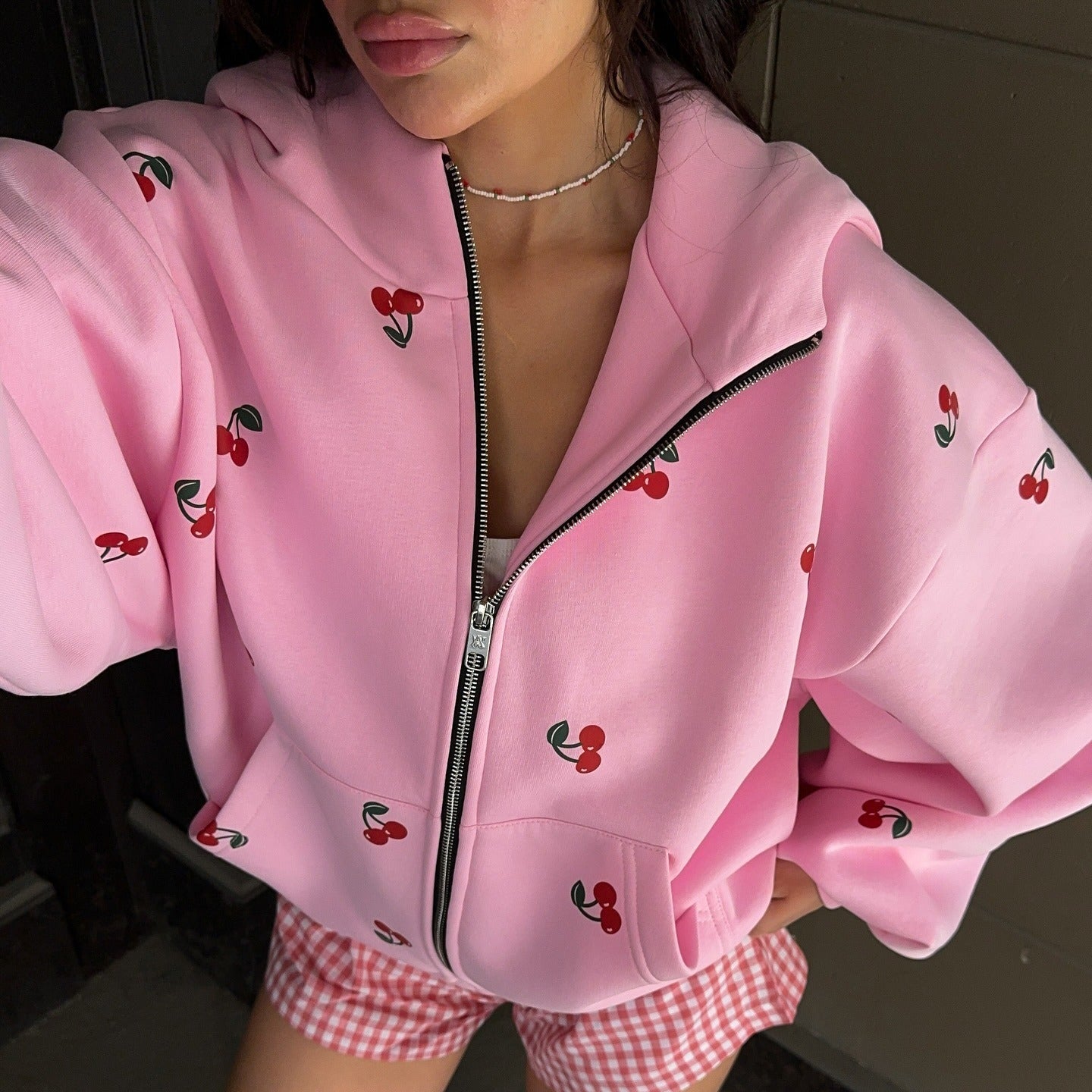 Cherry Print Oversized Zip-Up Hoodie