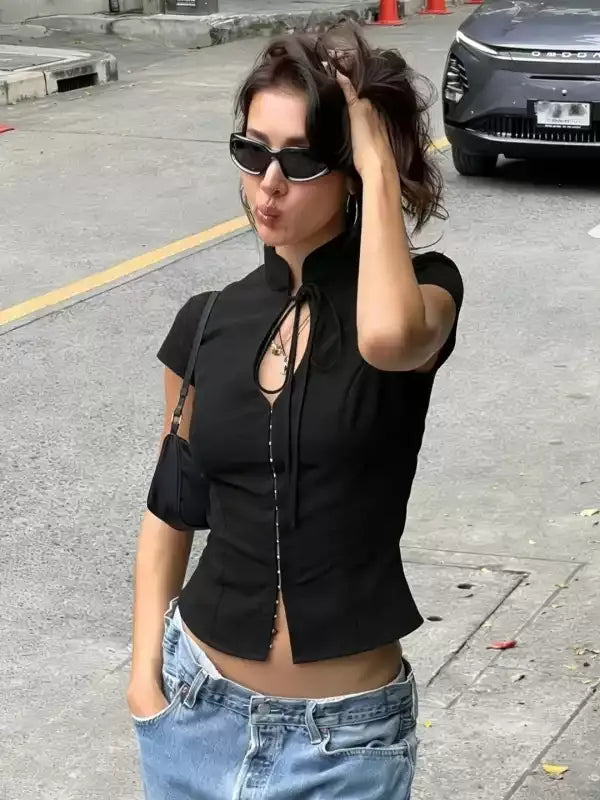 Luna Tie-Neck Fitted Short-Sleeve Top