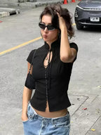 Luna Tie-Neck Fitted Short-Sleeve Top