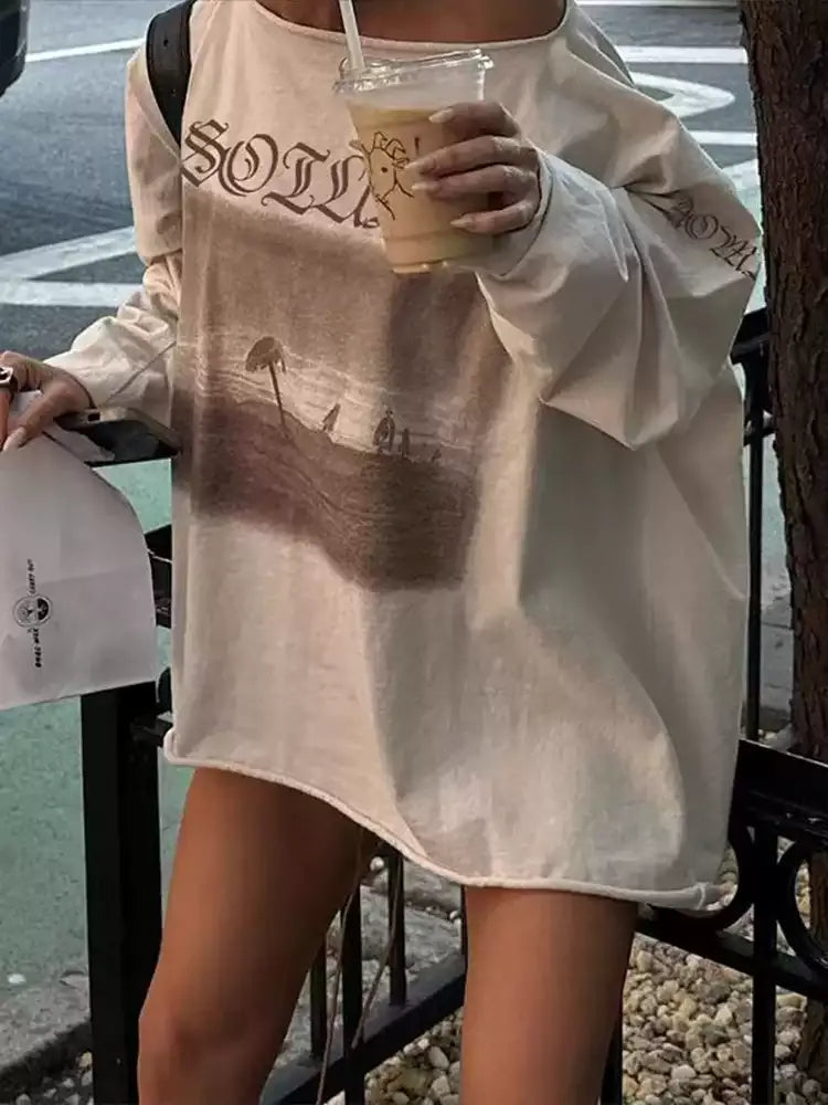 Evie Vintage Graphic Off-Shoulder Long Sleeve Top