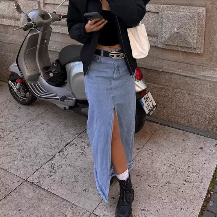 Orietta Front Slit Denim Maxi Skirt