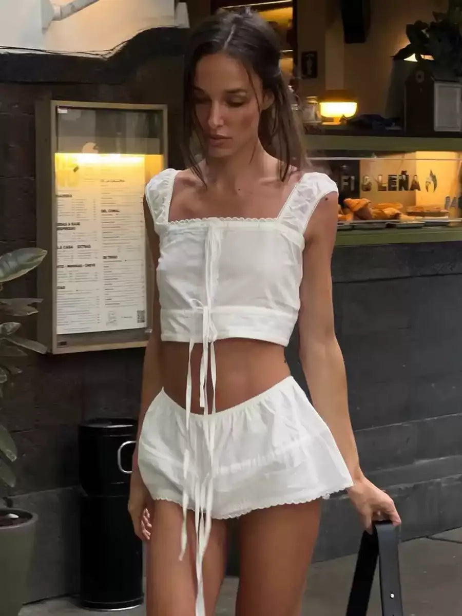 Ingrid Tie-Front Crop Top & Ruffle Shorts Set