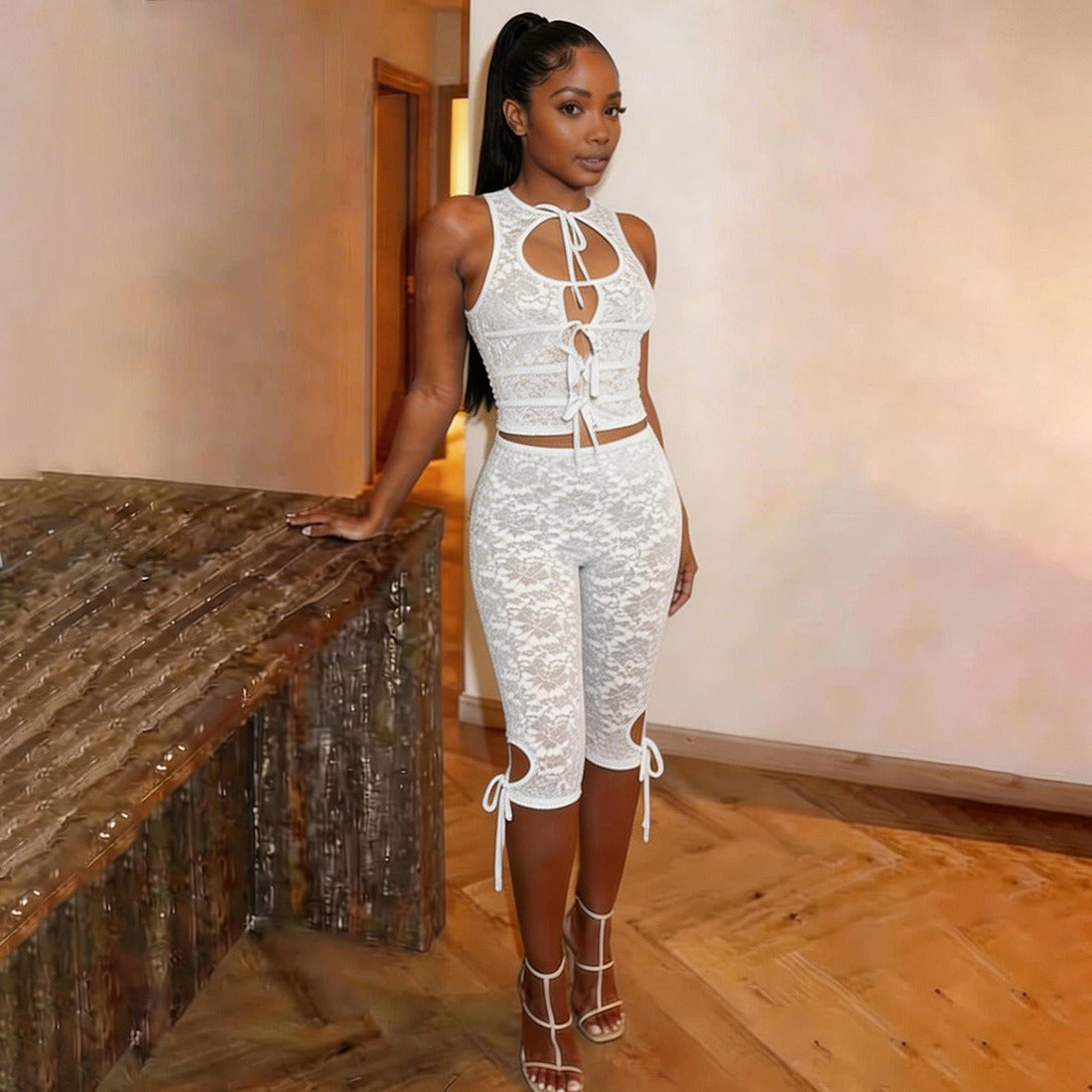 Ysela Lace Tie-Front Two Piece Set