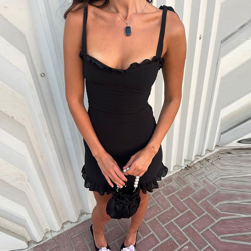 Tie Strap Ruffle Hem Mini Dress
