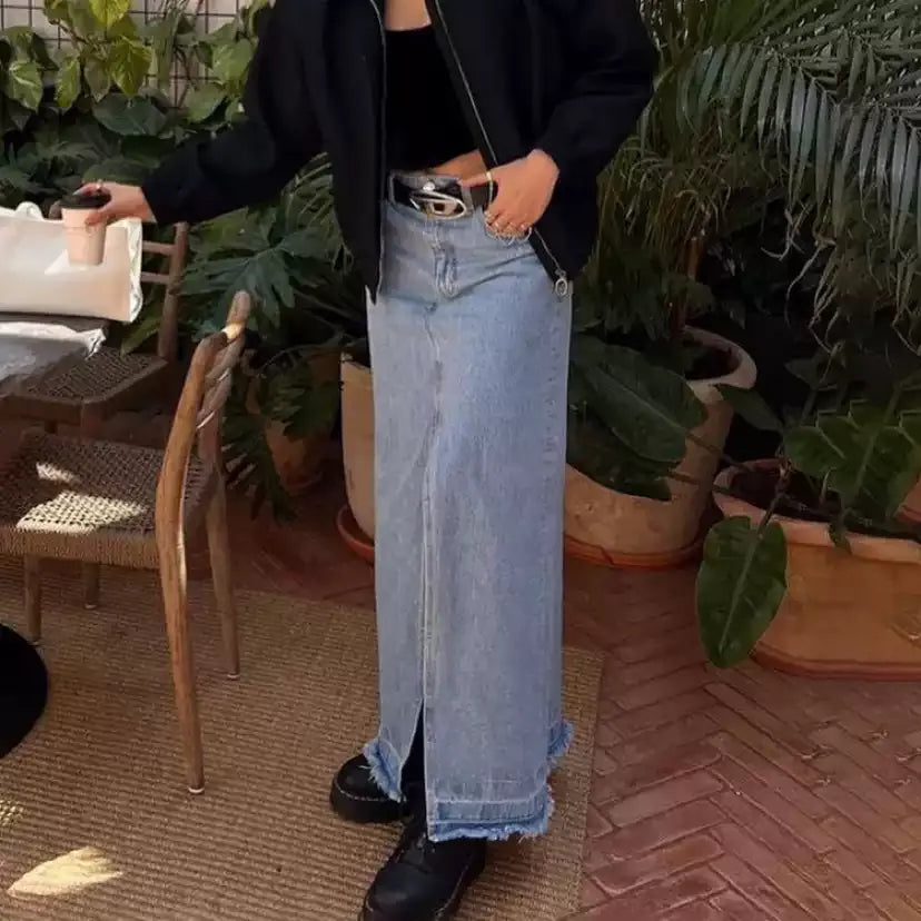 Orietta Front Slit Denim Maxi Skirt