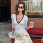 Sibyl Lavender Plaid Wrap-Front Knit Top