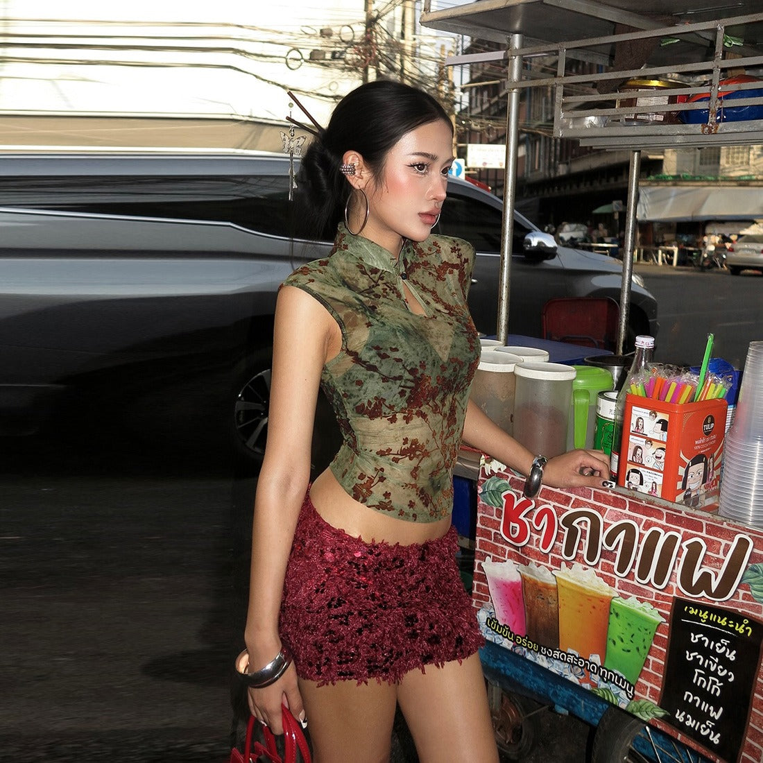 Selia Sheer Floral Mandarin Collar Top
