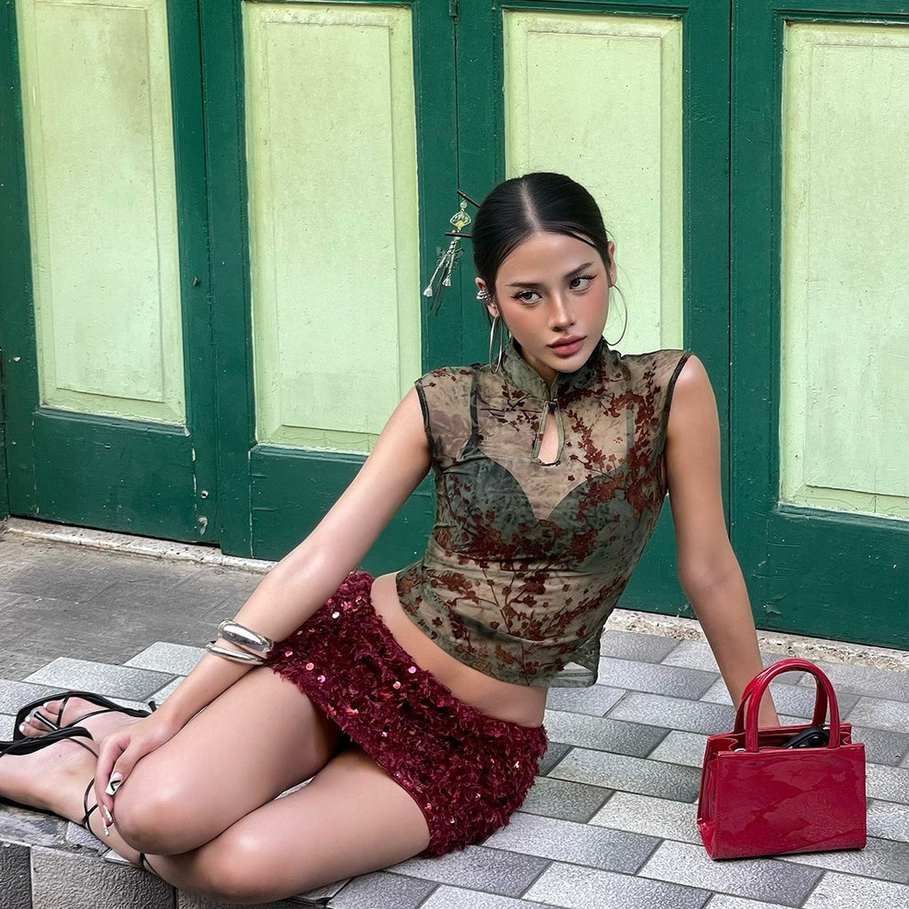 Selia Sheer Floral Mandarin Collar Top