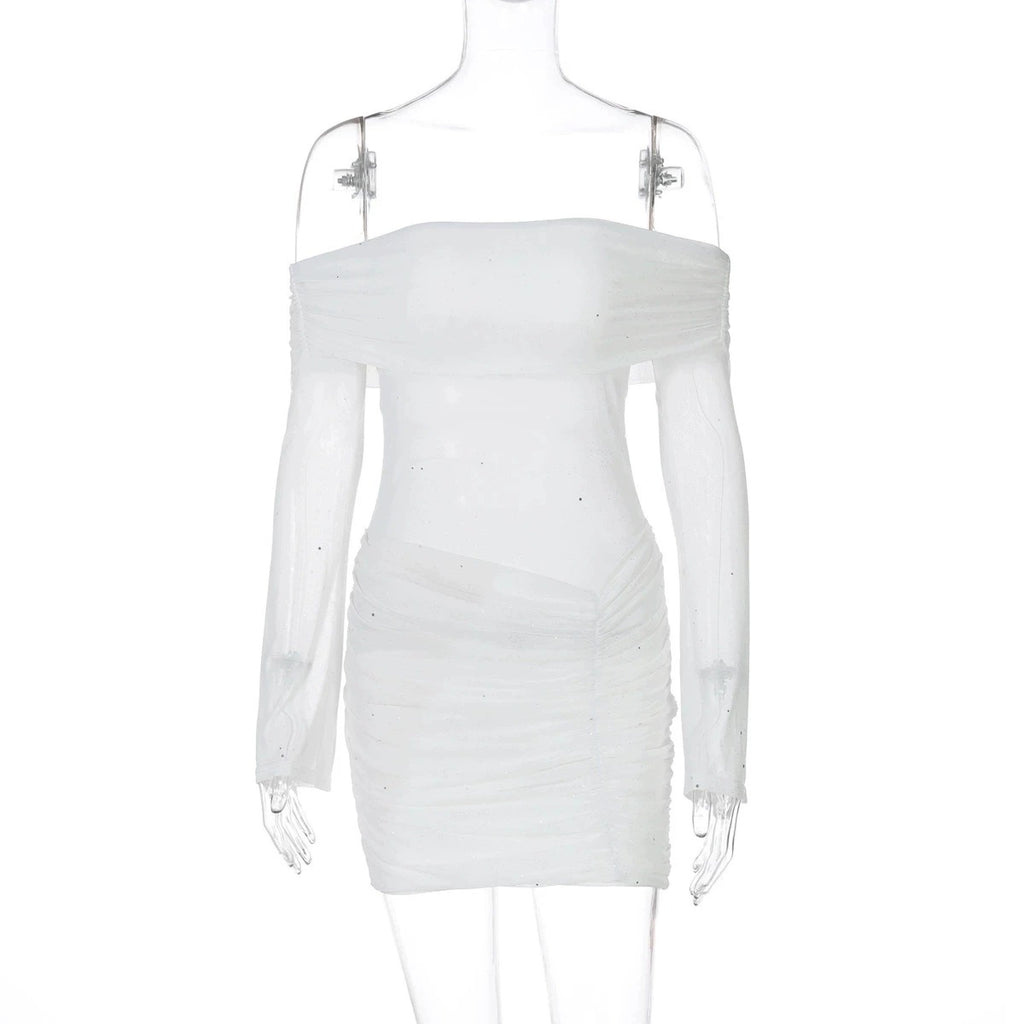 Uzma Sheer Off-Shoulder Ruched Mini Dress