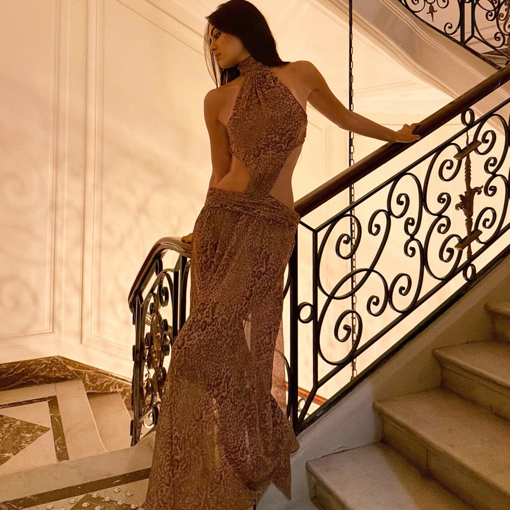 Rosena Snake Print Halter Maxi Dress