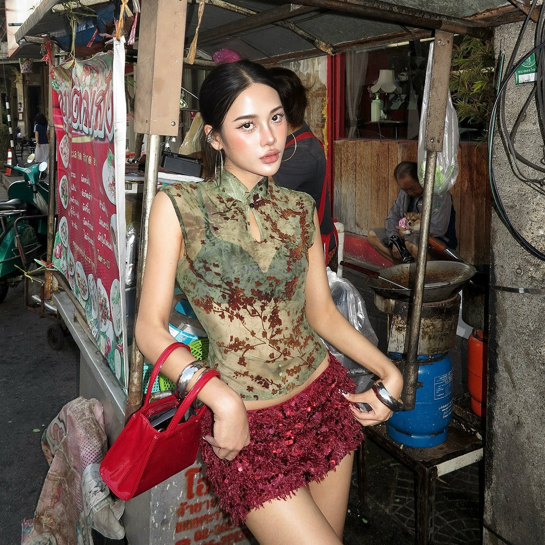 Selia Sheer Floral Mandarin Collar Top