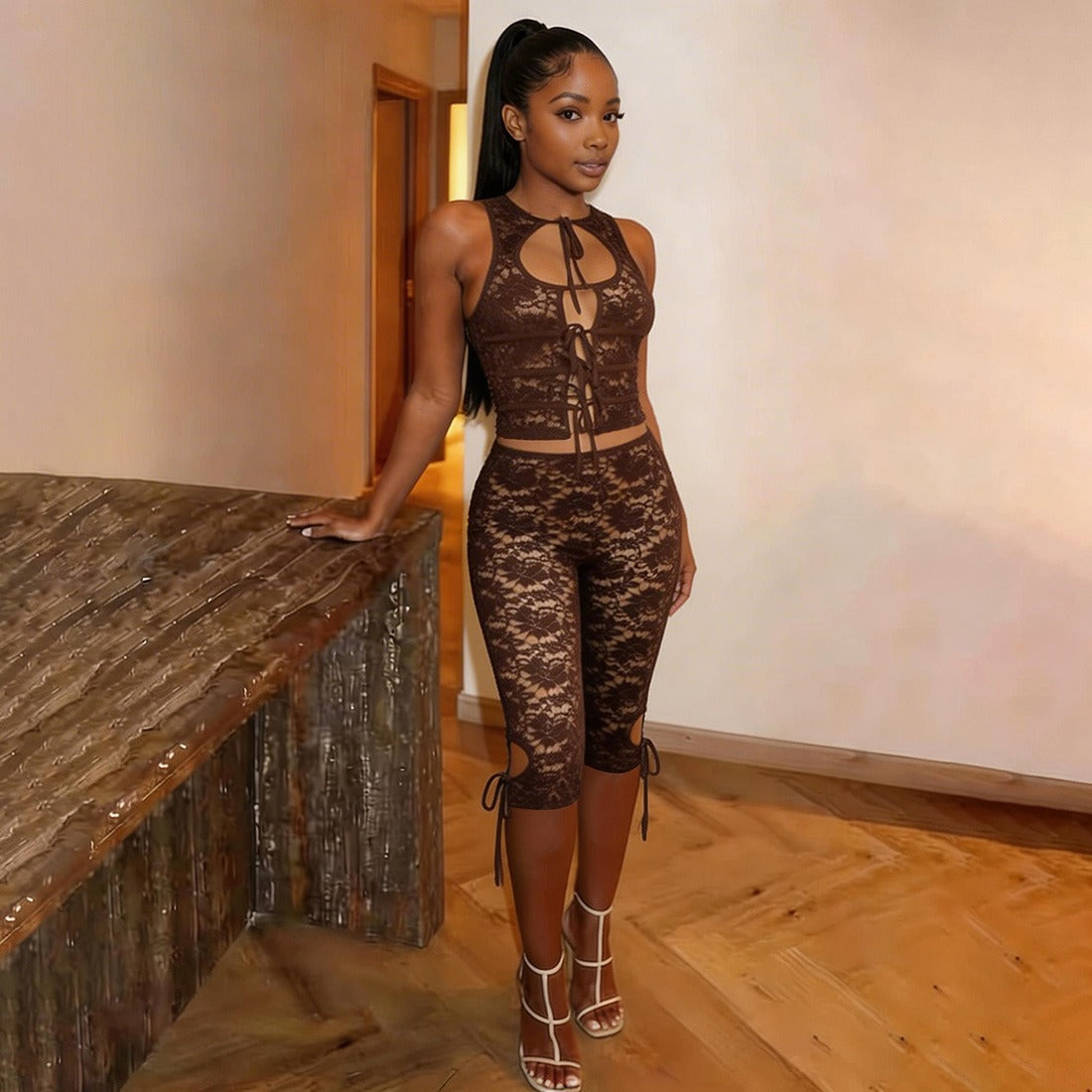Ysela Lace Tie-Front Two Piece Set