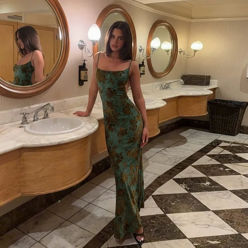 Minara Sage Green Floral Open-Back Maxi Dress