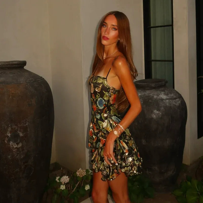 Darcy Metallic Floral Ruffle Mini Dress