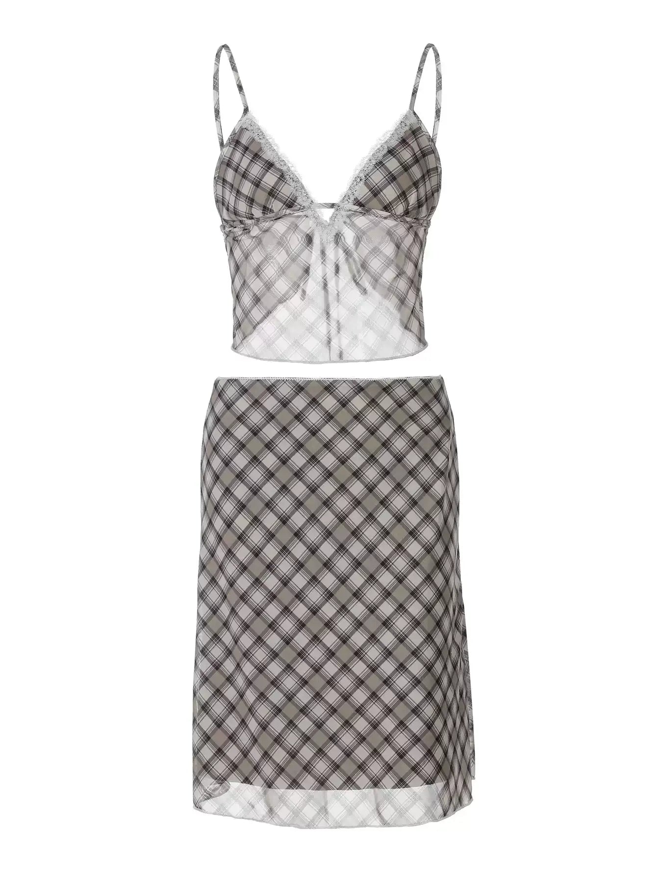 Karina Plaid Lace Trim Two-Piece Skirt Set