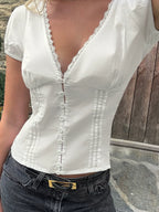 Lace-Trim Puff Sleeve Button Blouse