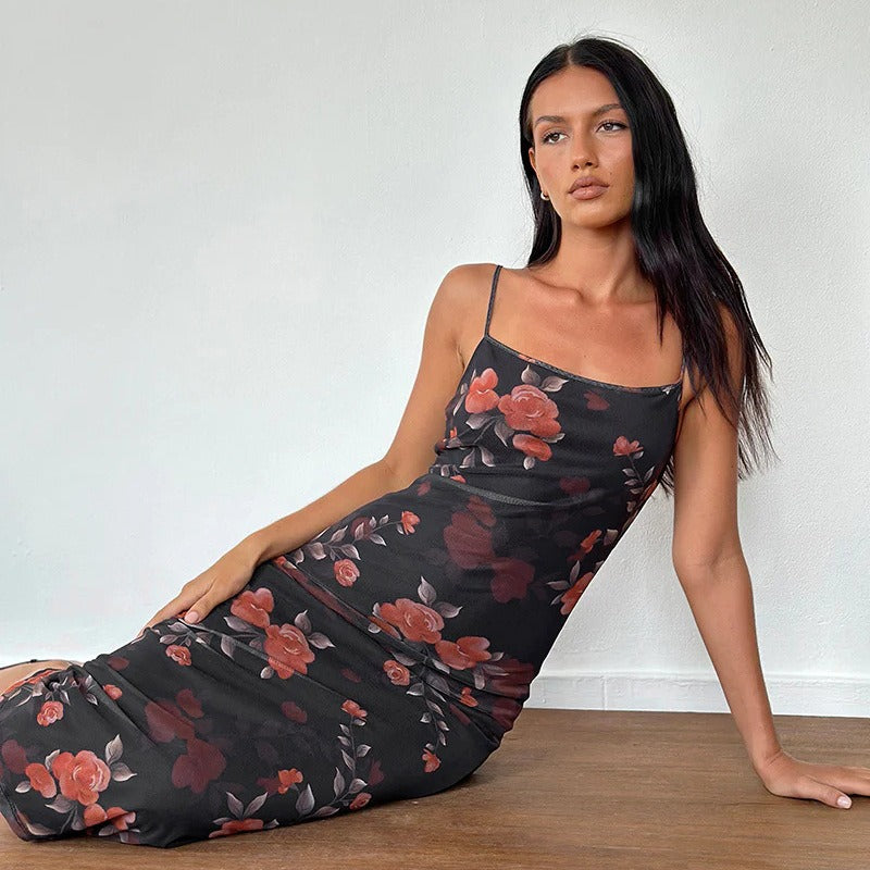 Naelle Black Floral Mesh Cami Midi Dress