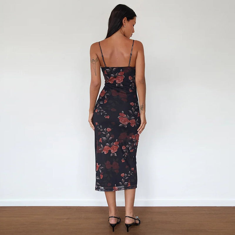 Naelle Black Floral Mesh Cami Midi Dress